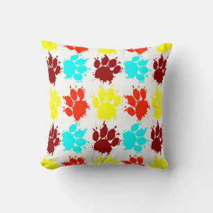 Paint Splatter Dog Paw Print Pattern Throw Pillow