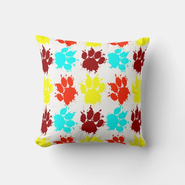 Paint Splatter Dog Paw Print Pattern Throw Pillow (Front)