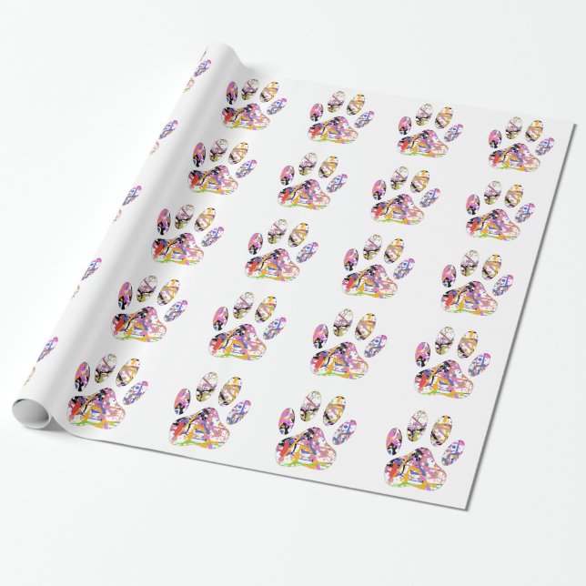 Paint Splatter Dog Paw Print Wrapping Paper (Unrolled)
