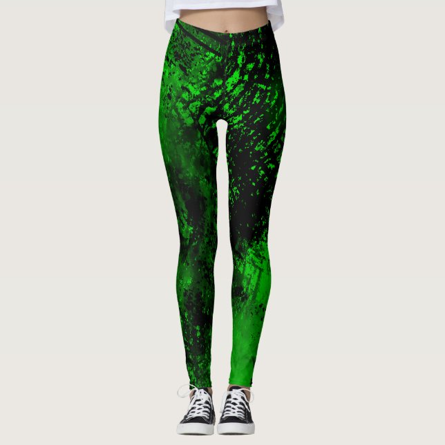 Paint Splatter effect Green & Black  Leggings (Front)