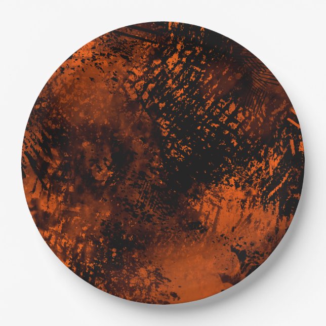 Paint Splatter effect Orange & Black  Paper Plate (Front)