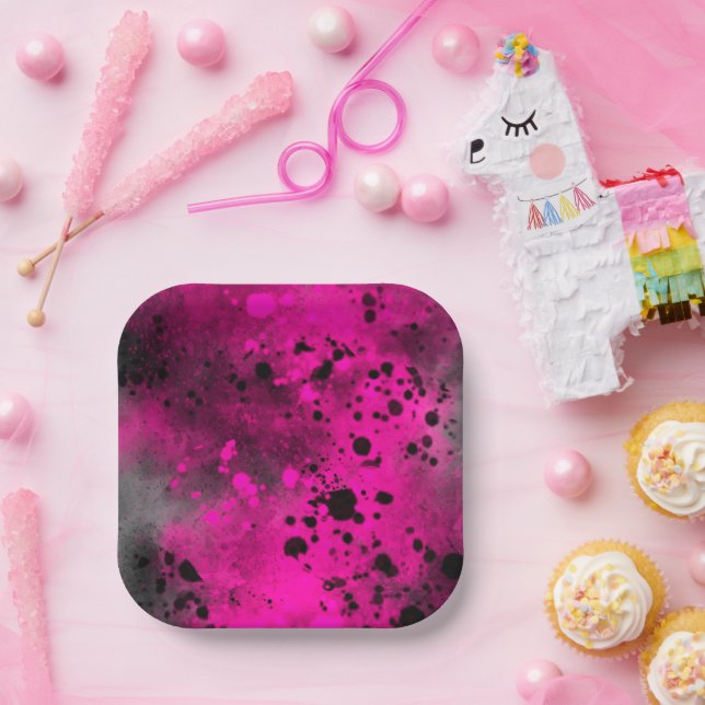 Paint Splatter Effect Pink & Black  Paper Plate (Party)