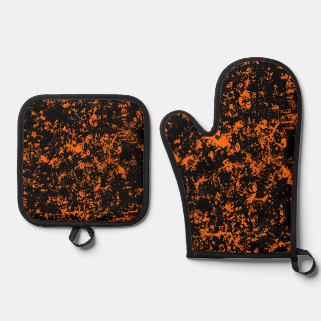 Paint Splatter- Halloween Colours (Black & Orange) Oven Mitt & Pot Holder Set (Front)