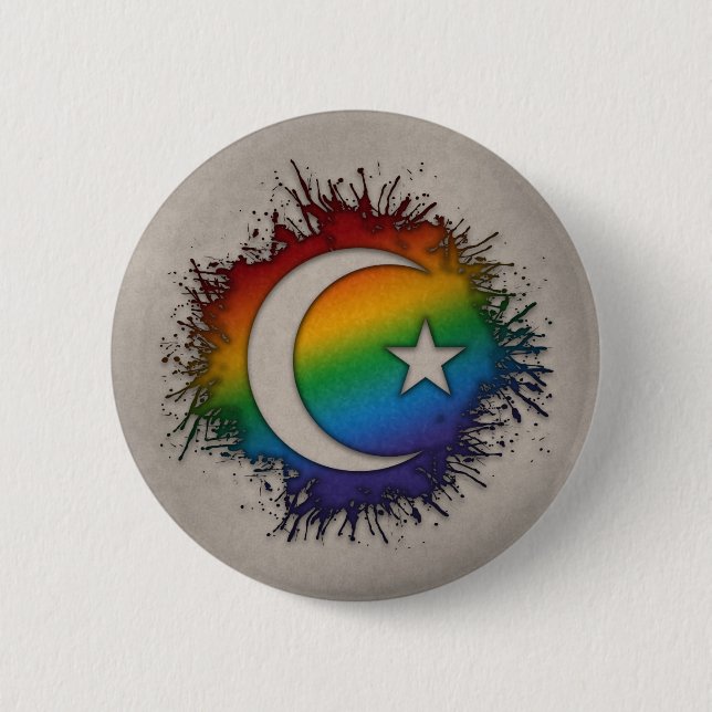 Paint Splatter LGBTQ Rainbow Star and Crescent 2 Inch Round Button (Front)