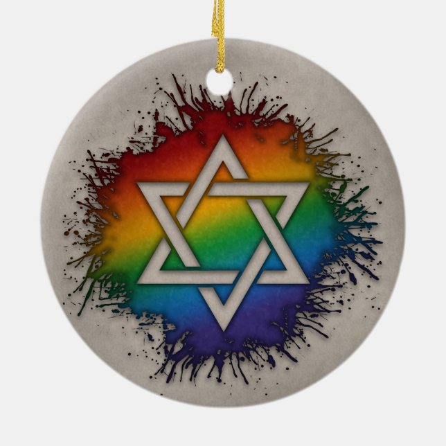 Paint Splatter LGBTQ Rainbow Star of David Ceramic Ornament (Back)