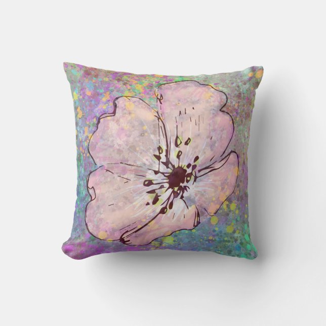 Paint Splatter Pillow with a Pink Flower (Front)