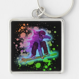 Paint splatter rainbow snowboarder square keychain