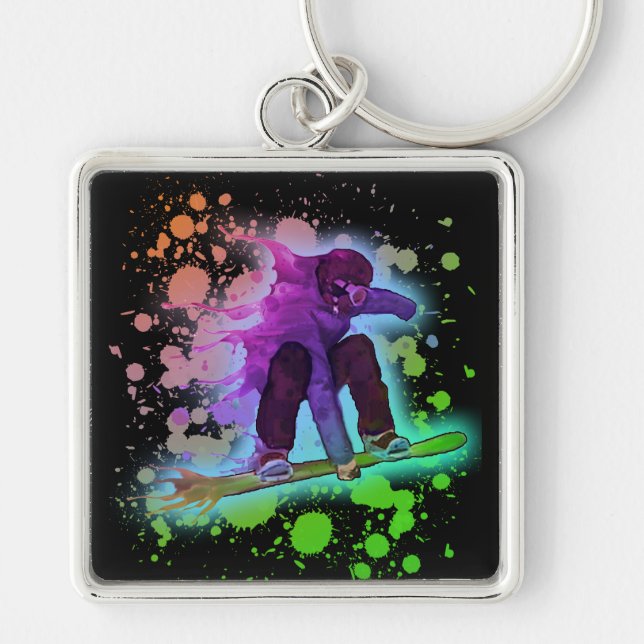 Paint splatter rainbow snowboarder square keychain (Front)