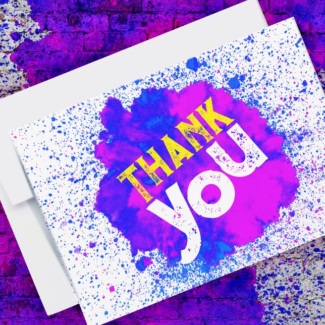 Paint Splatter Thank You - Blue on White Card (purple paint splatter thank you card and envelope against a paint splattered brick background)