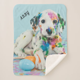 PAINT SPLATTERED PUPPY BLANKET. SHERPA BLANKET