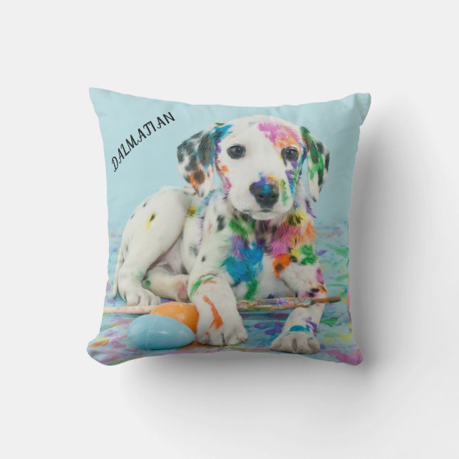 PAINT SPLATTERED PUPPY THROW PILLOW. THROW PILLOW (Front)