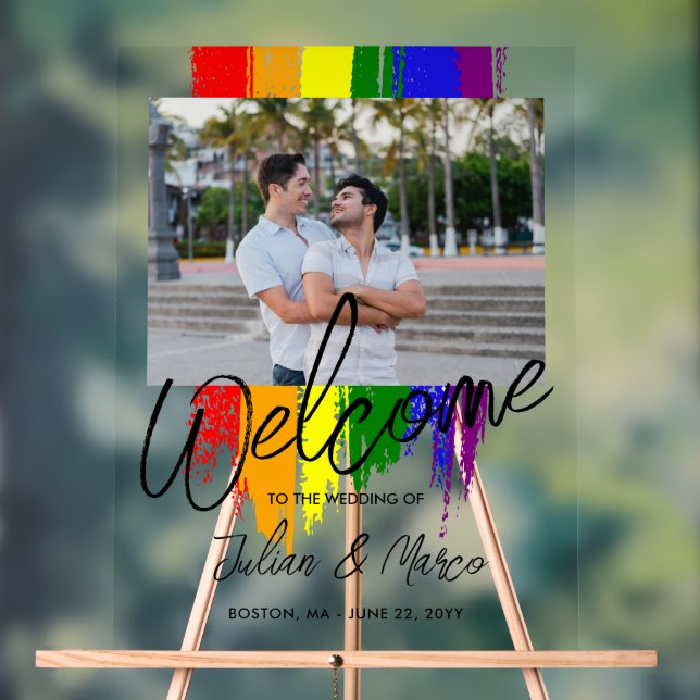 Paint Strokes Photo LGBTQ Wedding Welcome Acrylic Sign (Neutral)