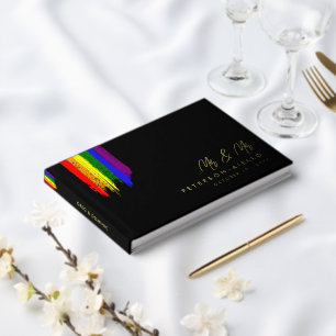 Paint Strokes Pride Flag Gold Text Wedding Guest Book