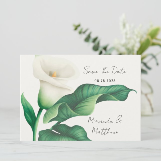 Paint White Lily With Green Leaf Save The Date Invitation (Standing Front)