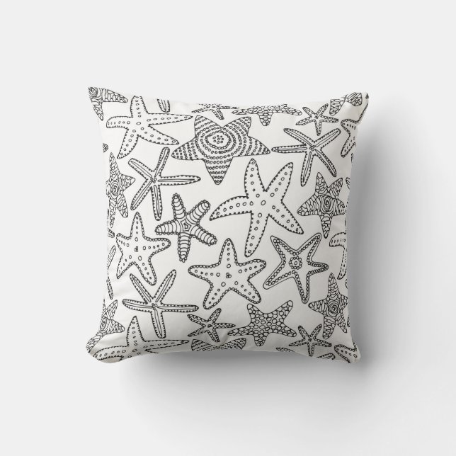 Paint Your Own Starfish Black and White Coastal Throw Pillow (Front)