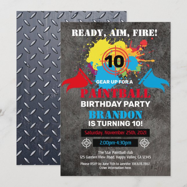Paintball Anniversaire Fête Invitation Enfant Ado  (Devant / Derrière)