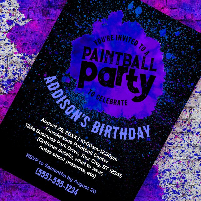 Paintball Anniversaire fête Invitation personnalis (purple paint splatter customizable birthday invite against a paint splattered brick background)
