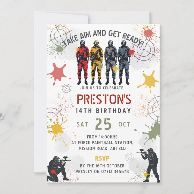 Paintball Birthday Invitation Take Aim & Get Ready (Front)