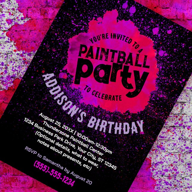 Paintball Birthday Party Custom Invite - Hot Pink (pink paint splatter customizable birthday invite against a paint splattered brick background)