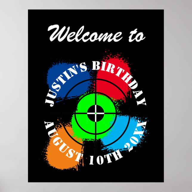 Paintball Birthday party theme welcome poster (Front)