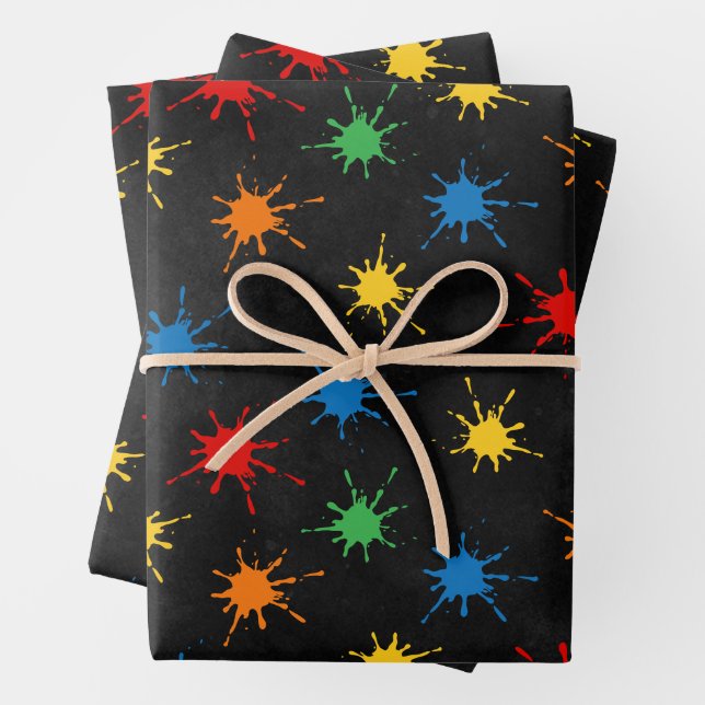 Paintball Birthday Splatter Wrapping Paper Sheet (In situ)