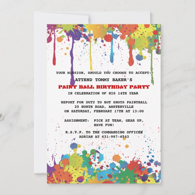 Paintball Colours Invitation (Front)