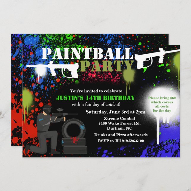 Paintball Party Birthday Invitation (Front/Back)