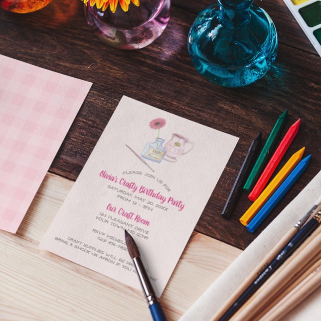 Paintbrush and Daisy Pink Gingham Party Invitation (Creator Uploaded)