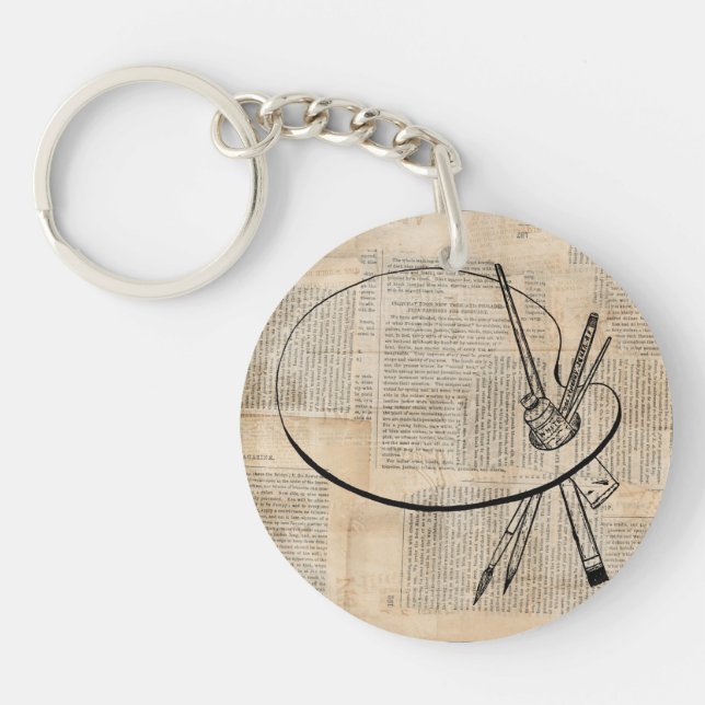 Paintbrush & Paint Palette Vintage Art Keychain (Front)