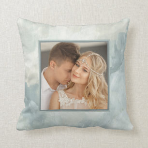 Painted Abstract Elegant Green with Two Photos Throw Pillow