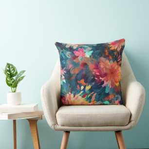 Painted Abstract Floral Giant Mums Throw Pillow