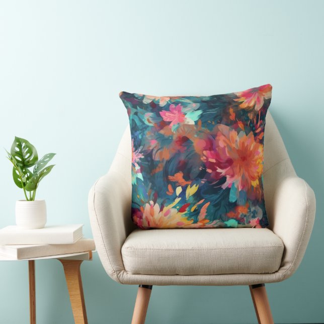Painted Abstract Floral Giant Mums Throw Pillow (Chair)