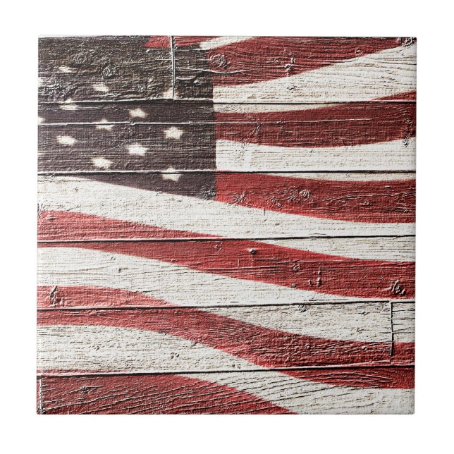 Painted American Flag on Rustic Wood-like Texture Tile (Front)