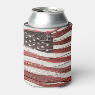 Painted American Flag on Rustic Wood-Look Can Cooler