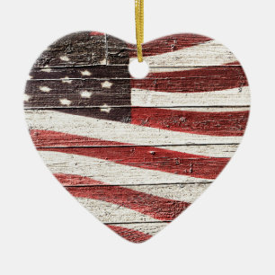 Painted American Flag on Rustic Wood Texture Ceramic Ornament