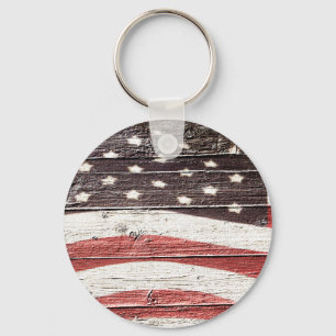 Painted American Flag on Rustic Wood Texture Keychain