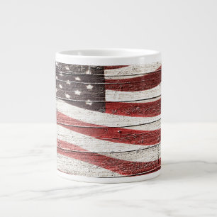 Painted American Flag on Rustic Wood Texture Large Coffee Mug