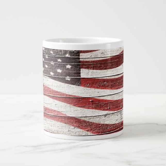 Painted American Flag on Rustic Wood Texture Large Coffee Mug (Front)