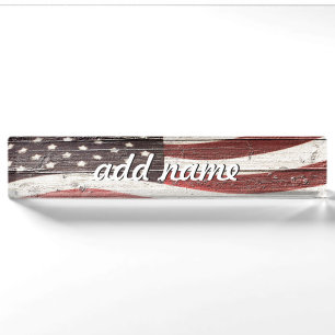 Painted American Flag on Rustic Wood Texture Nameplate