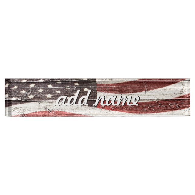 Painted American Flag on Rustic Wood Texture Nameplate (Front)