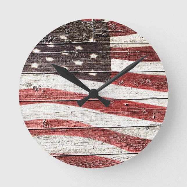 Painted American Flag on Rustic Wood Texture Round Clock (Front)