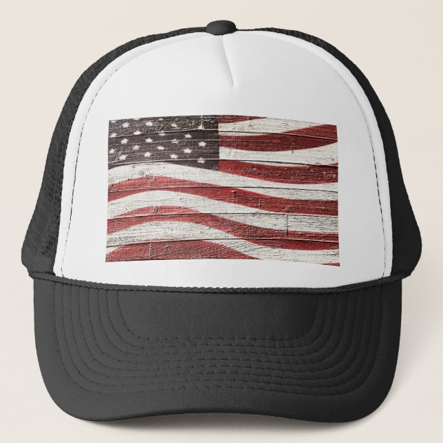 Painted American Flag on Rustic Wood Texture Trucker Hat (Front)