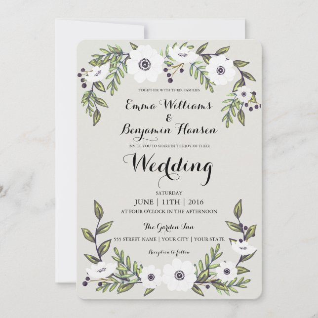 Painted Anemones - floral wedding invitation (Front)