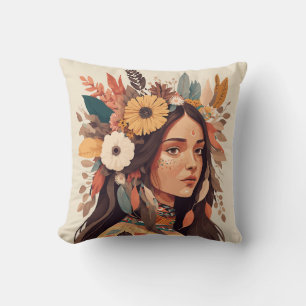 Painted Beautiful Native American Woman Throw Pillow