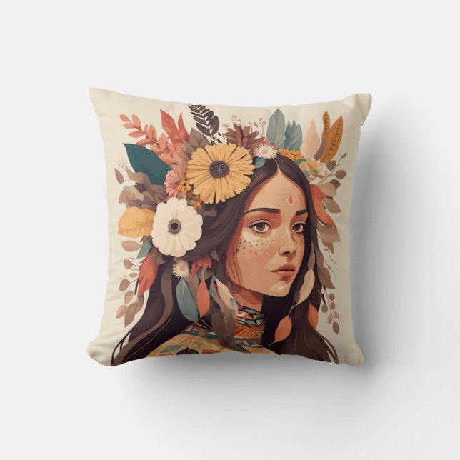 Painted Beautiful Native American Woman Throw Pillow (Front)