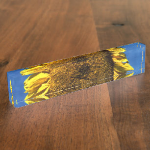 painted big yellow sunflower against a blue sky nameplate