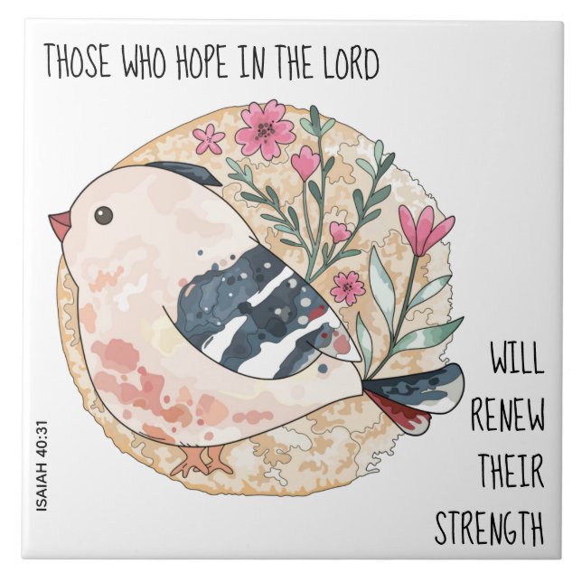 Painted Bird & Flowers, w verse from Isaiah 40:31 Tile (Front)