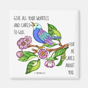 Painted bird, w verse from 1 Peter 5:7 Magnet
