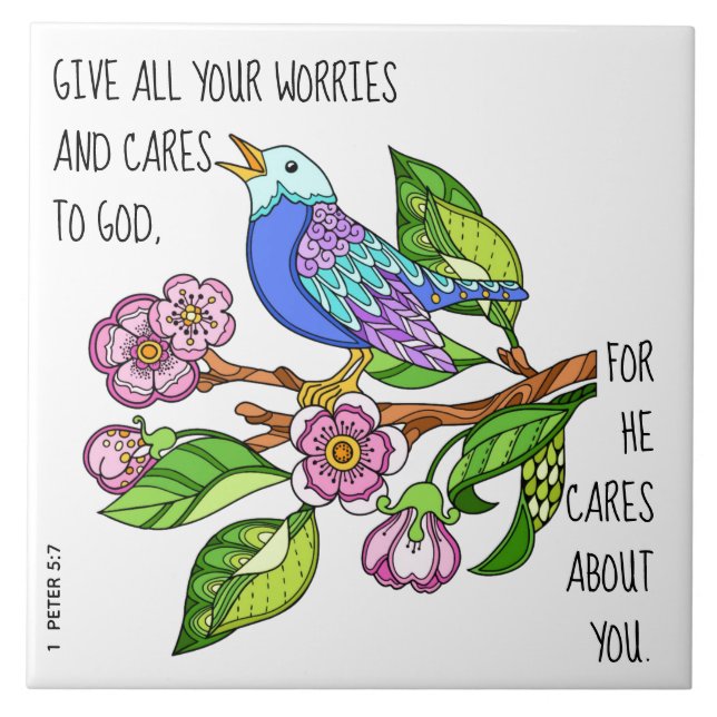 Painted bird, w verse from 1 Peter 5:7 Tile (Front)