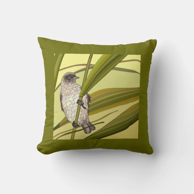 Painted Birds on Gold & Green Throw Pillow (Front)